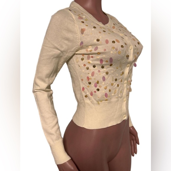 V2K Ivory Button up Front Stretchy Sequin Sweater top Knit Cardigan Holiday top - Picture 2 of 4